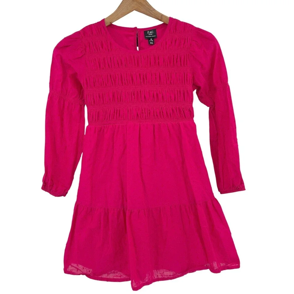 Girls Smocked Tiered Swiss Dot‎ Dress Pink Long Sleeve Zac Posen ZAC Kids M 7-8